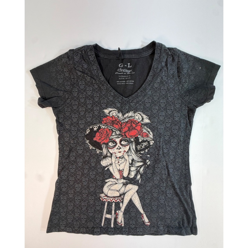 Ay Guey! Katri Roja Day of the Dead Skull Graphic V-Neck T-Shirt Black Size L